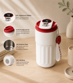 Four 450ml Smart LED Temperature Display Thermal Mugs in various colors arranged on a luxury minimalist marble desk, featuring premium 316 stainless steel vacuum insulation. 450ml Smart Temperature Display Thermal Mug - 316 Stainless Steel Vacuum Flask & Coffee Cup-2